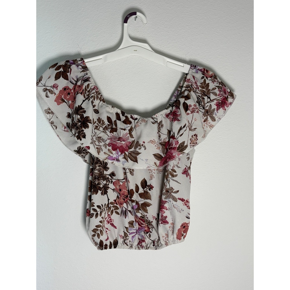 Hype Floral Off The Shoulder Ruffle Blouse Cream Pink Boho Elastic Hem Large